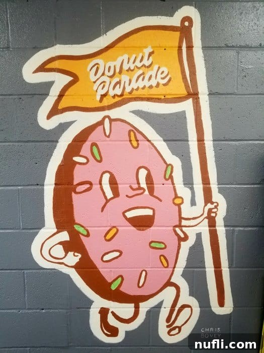 Donut parade mural on a brick building 
