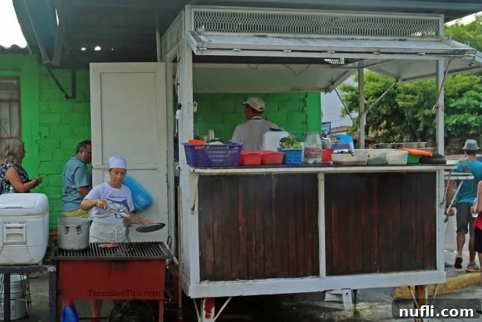 Ultimate Carne Asada Street Tacos 4 A vibrant taco truck in Puerto Vallarta near a green building, a quintessential scene of Mexican street food culture.