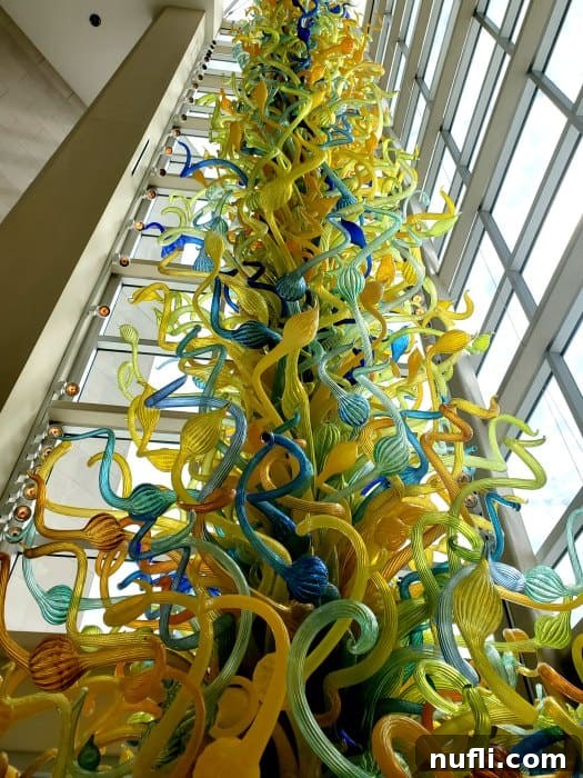 Chihuly glass sculpture with windows surrounding it