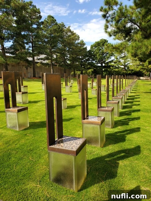 Memorial chairs lined on a green lawn with trees