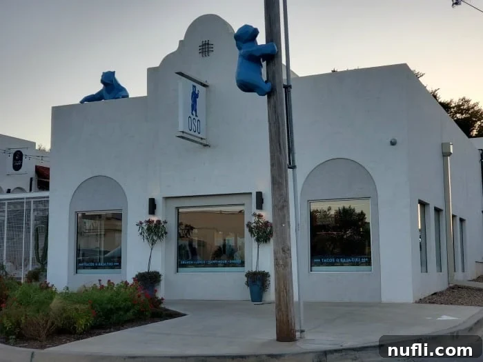 OSO sign on a white building with blue bears on it