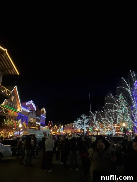 People walking at night through the lights in Leavenworth Christmas village