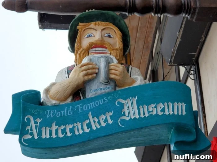 World Famous Nutcracker Museum with a carved statue holding a beer stein outside