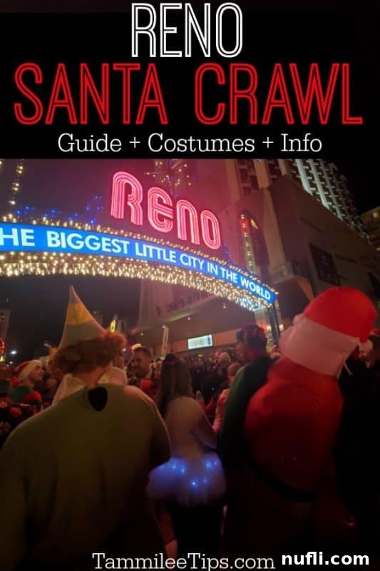 Thousands of Reno Santa Crawl participants gathering under the iconic Reno Arch during the festive holiday event.