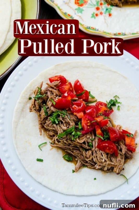 Close-up of Mexican Pulled Pork served on a white plate with fresh tomatoes, onions, and cilantro on a warm tortilla.