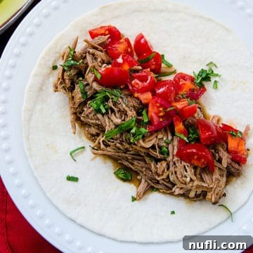 Mexican Pulled Pork, tomatoes, onions, on a tortilla on a white plate.