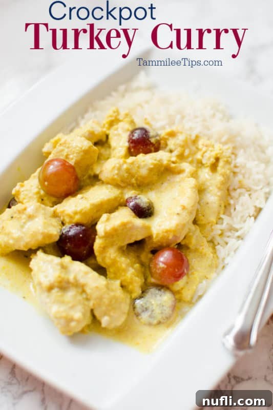 Slow Cooker Turkey Curry Delights 2 Crockpot Turkey Curry over a white plate with turkey curry and rice