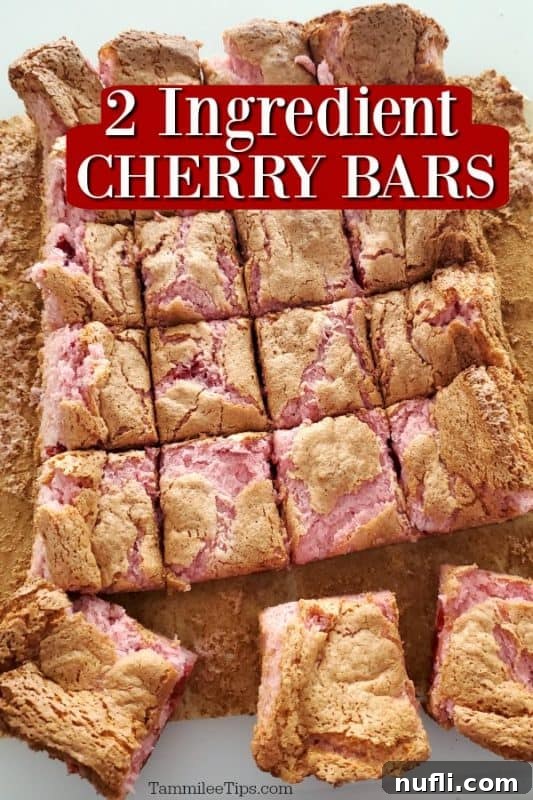 2 Ingredient Cherry Bars text over a platter of cherry bars on parchment paper