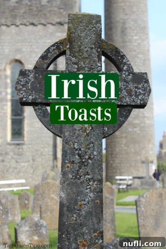 An ancient Irish cross with various Irish toasts etched across its surface, symbolizing enduring traditions and blessings.