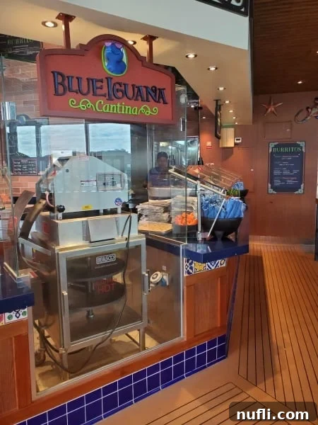 Blue iguana cantina sign and counter