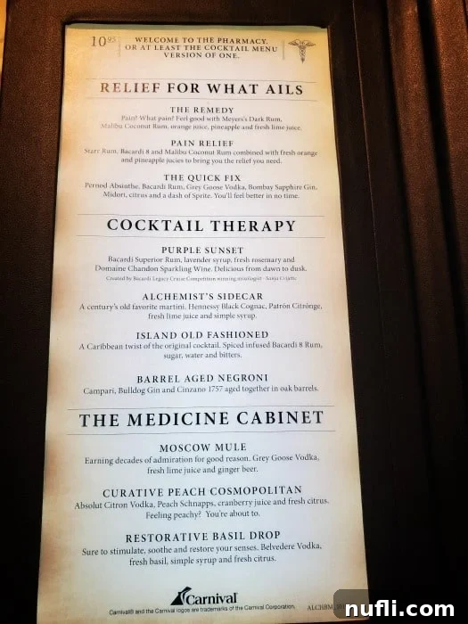 Alchemy Bar Menu displaying sections like Passion Potions and Energizing Elixirs