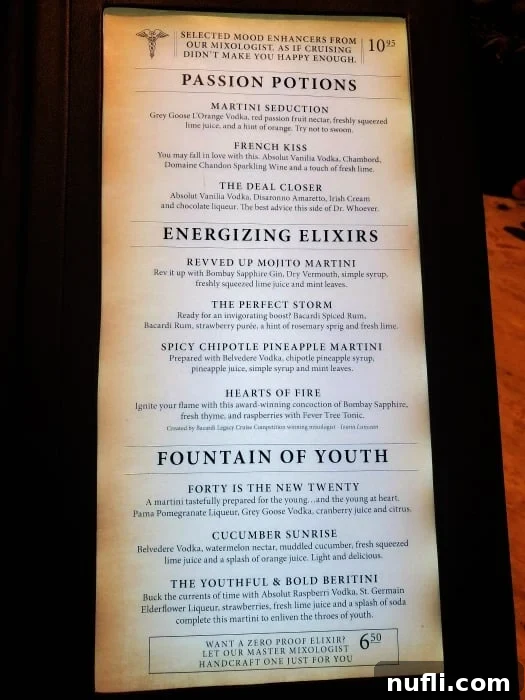 Alchemy Bar Menu with sections for Passion Potions, Energizing Elixirs, and Fountain of Youth cocktails