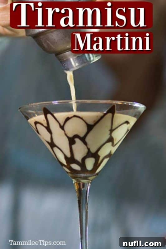 Decadent Tiramisu Martini 2 Tiramisu Martini in a martini glass with elegant chocolate swirl design