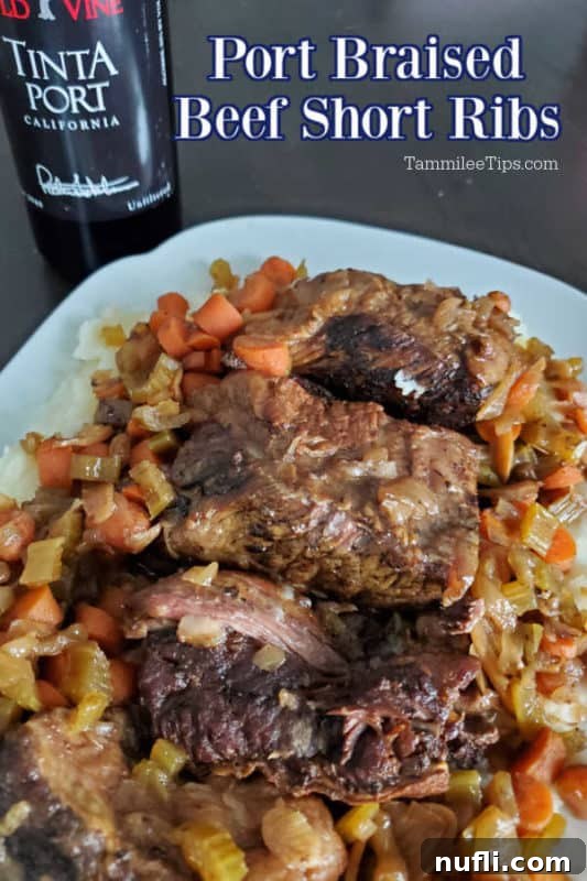Port braised beef short ribs text next to a bottle of Old vine tinta port and a white plate with short ribs and vegetables