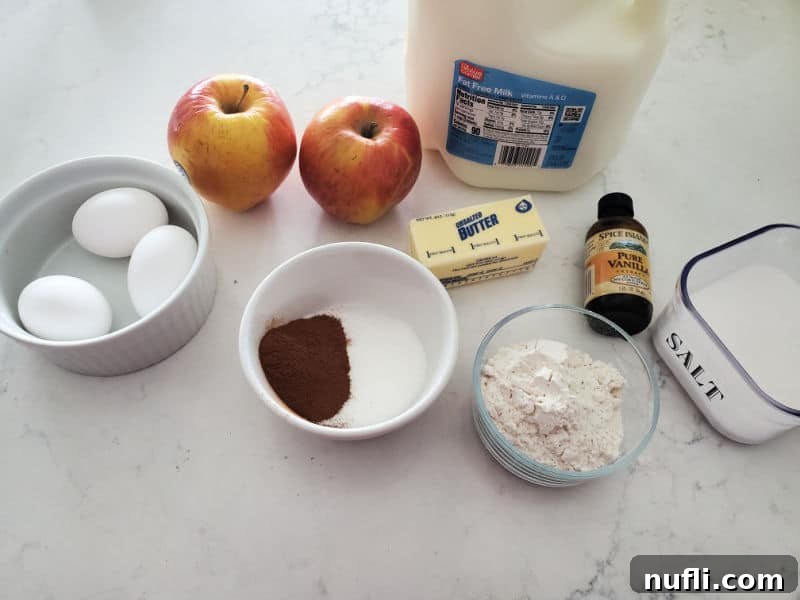 Easy German Apple Pancakes 3 German Apple pancake ingredients eggs, apples, milk, butter, vanilla, salt, flour, cinnamon and sugar