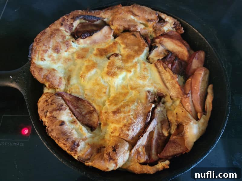 Easy German Apple Pancakes 8 Baked German apple pancake in a cast iron skillet