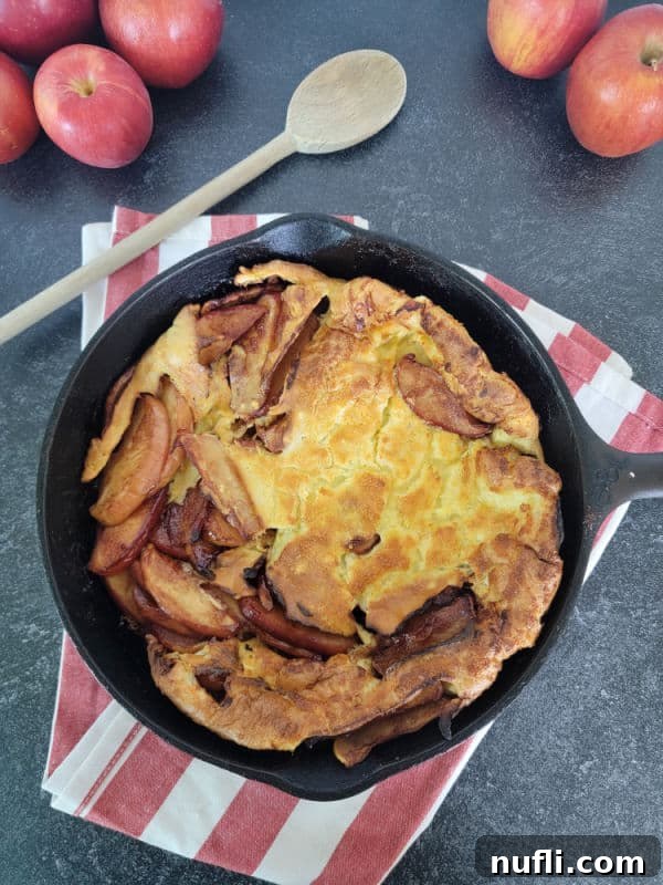 Easy German Apple Pancakes 10 Apfelpfannkuchen German Apple Pancake in a cast iron skillet on a red striped towel next to a wooden spoon and multiple red apples
