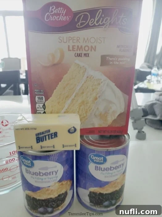 Key ingredients for lemon blueberry dump cake: lemon cake mix, two cans of blueberry pie filling, and butter slices