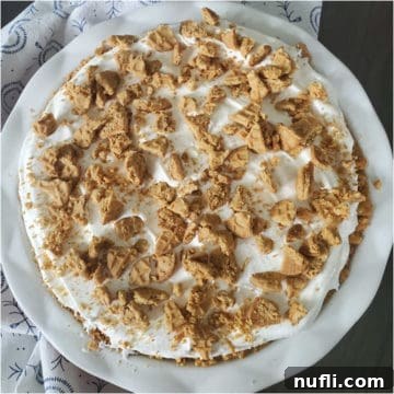 Nutter Butter Banana Pudding in a white pie dish with a cloth napkin