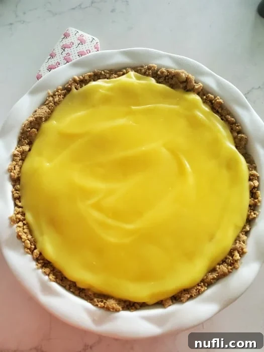 Creamy banana pudding spread smoothly over the banana slices and Nutter Butter crust in a white pie plate.