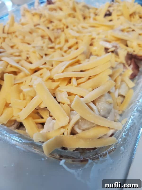 Shredded cheese over chicken and pasta in a casserole dish