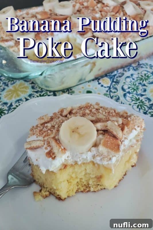 Ultimate Banana Pudding Poke Cake 2 A delectable slice of Banana Pudding Poke Cake on a white plate with a fork, ready to be enjoyed.