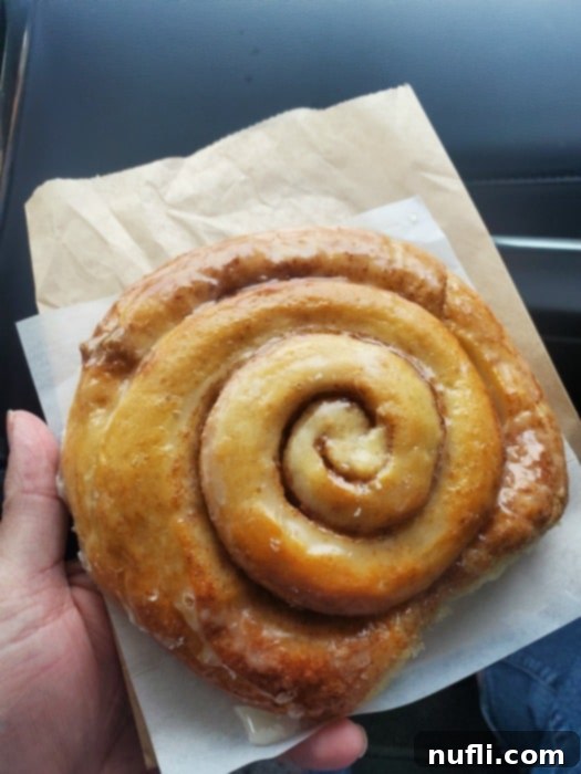 hand holding a cinnamon roll