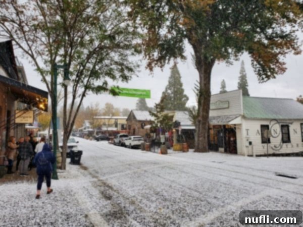 Snow on the road in Murphys California 