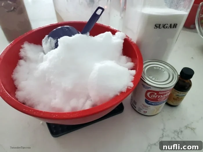 Make Delicious Snow Ice Cream at Home 3 Snow in a red bowl next to evaporated milk, vanilla, and sugar, ready for mixing