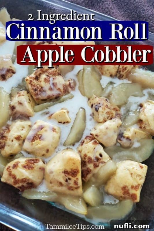 Cinnamon Roll Apple Pie Bake 2 2 Ingredient Cinnamon Roll Apple Cobbler text over a baking dish with cinnamon rolls and apples