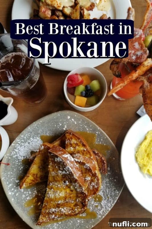 Best breakfast in Spokane over a plate with french toast and bloody mary on a table