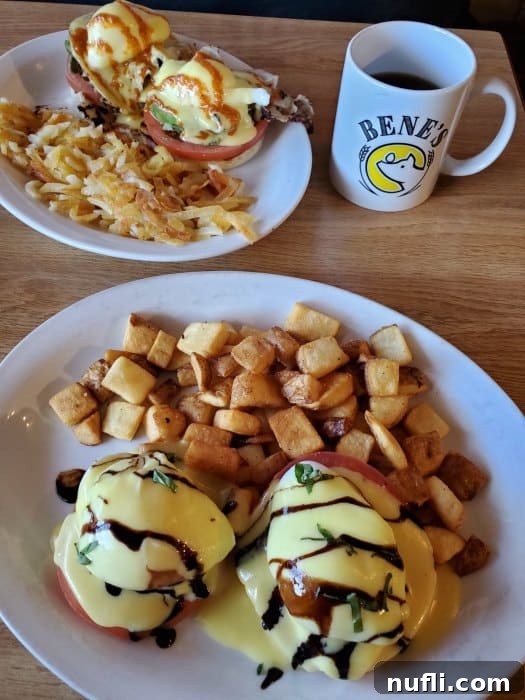 Bene's cup next to two plates of eggs benedict