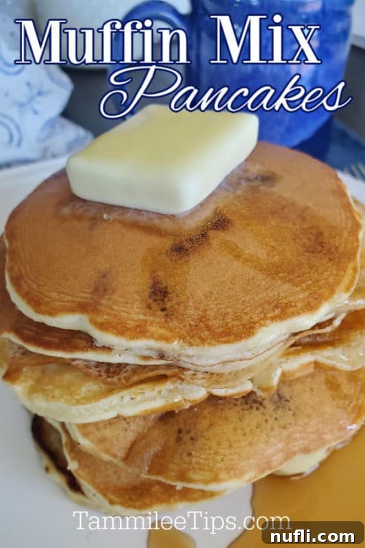 The 3 Ingredient Muffin Mix Pancake Hack 2 A beautiful stack of golden Muffin Mix Pancakes, generously topped with melting butter and dripping maple syrup, ready to be enjoyed.