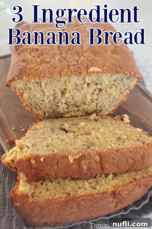 3 ingredient banana bread text over sliced bread on a cutting board