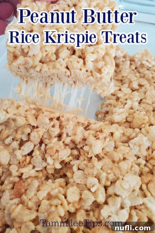 Delicious Peanut Butter Rice Krispie Treats 2 Close-up of Peanut Butter Rice Krispie Treats in a glass baking dish, with the title text overlayed, highlighting their golden-brown color and chewy texture.