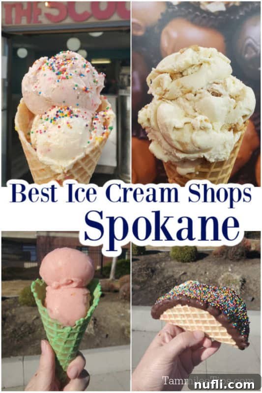 Best Ice Cream shops Spokane text between four images of ice cream cones
