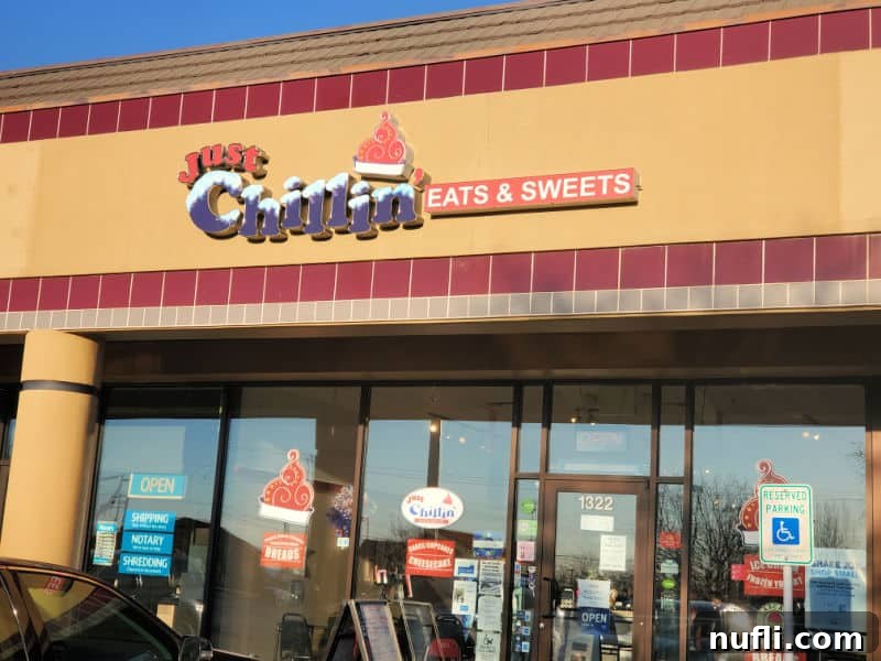 Just chillin eats & sweets sign over the entrance to the bakery