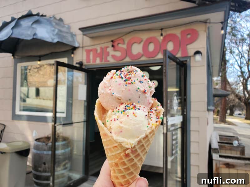 two scoop ice cream cone in a waffle cone being held in front of the entrance to The Scoop