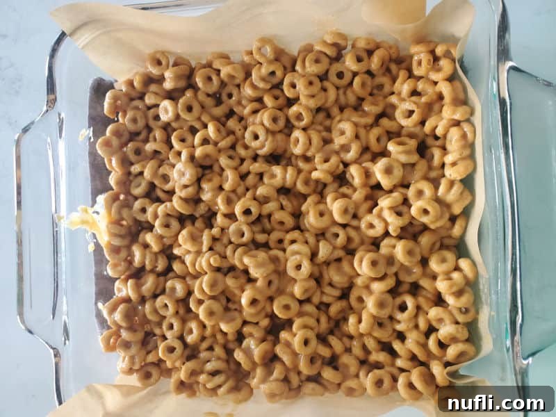 Cut peanut butter cheerio bars arranged neatly in a glass baking dish