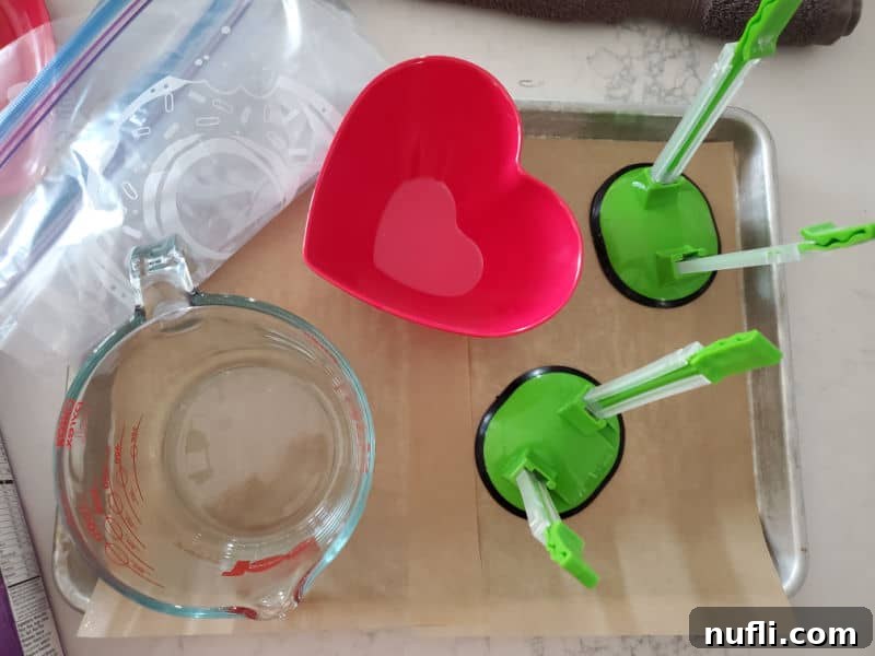 Essential baking equipment for making muddy buddies, including a parchment paper-lined baking sheet, a red heart bowl, a measuring cup, plastic zippered bags, and handy bag holders.