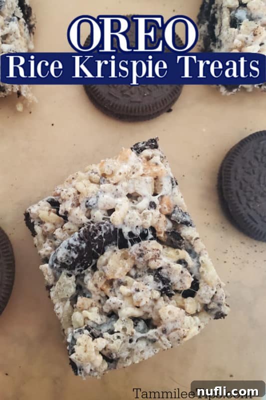 Oreo Rice Krispie Treats text over oreo treats and cookies on parchment paper