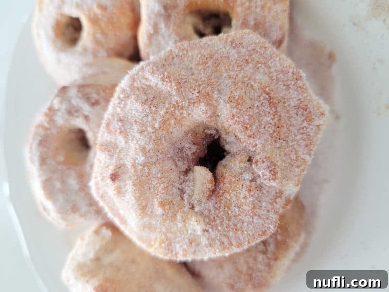 Air Fryer Donuts piled on a white plate with cinnamon sugar.