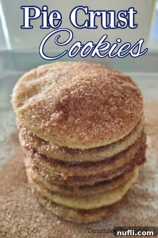 A stack of golden-brown pie crust cookies, lightly dusted with cinnamon sugar, on a white surface.