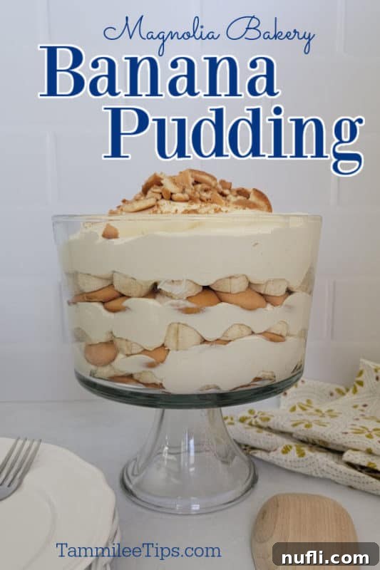 Magnolia Bakery Banana Pudding in a elegant trifle dish, ready to be served.