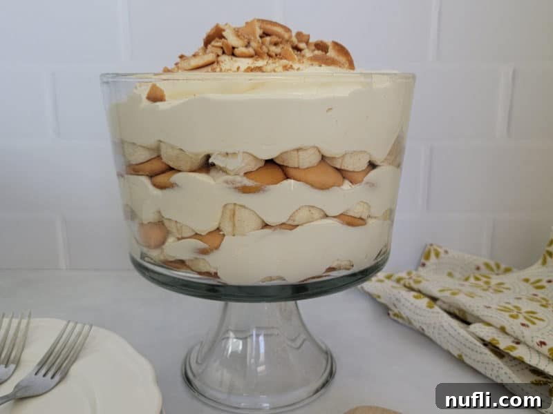 A close-up of the delicious layers of Magnolia Bakery Banana Pudding in a glass trifle dish.