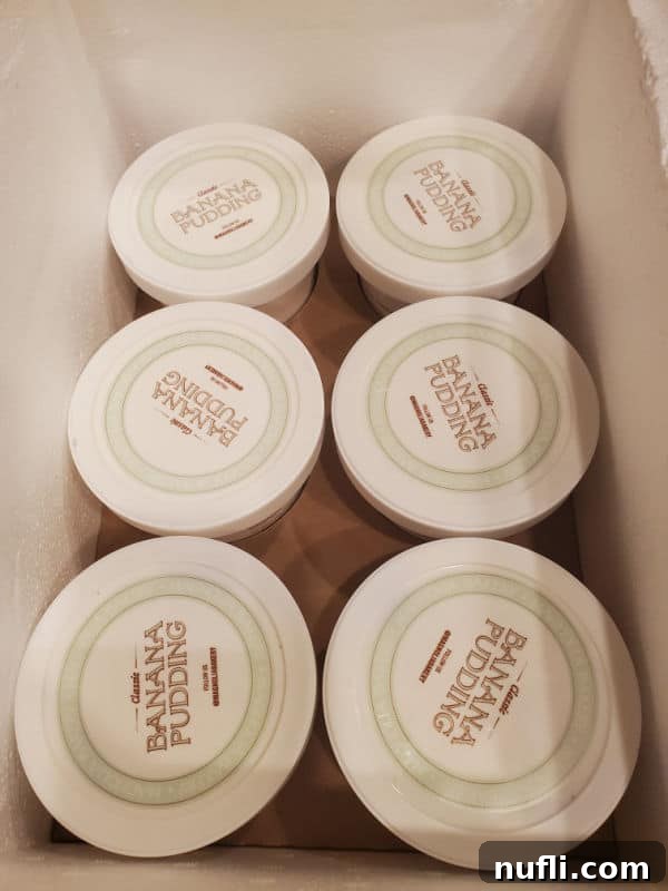 Two containers of Magnolia Bakery Banana Pudding in a cooler, just delivered.