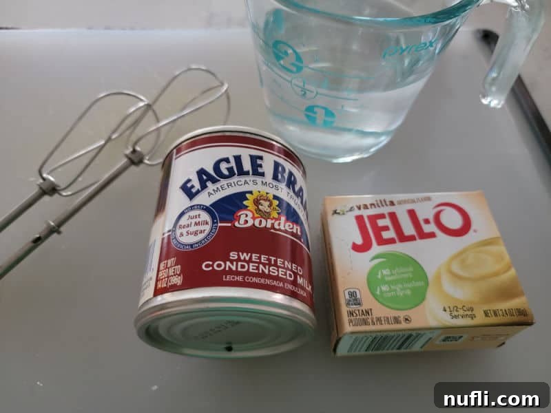 Ingredients for the pudding mixture: sweetened condensed milk, vanilla pudding mix, and cold water.