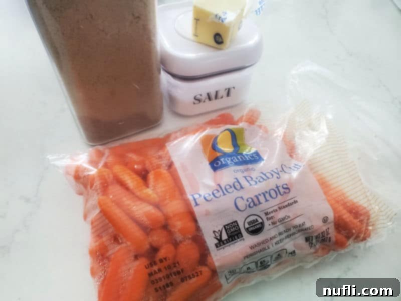 Cracker Barrel Copycat Carrots 3 Cracker Barrel Carrots ingredients, baby carrots, salt, butter, and brown sugar