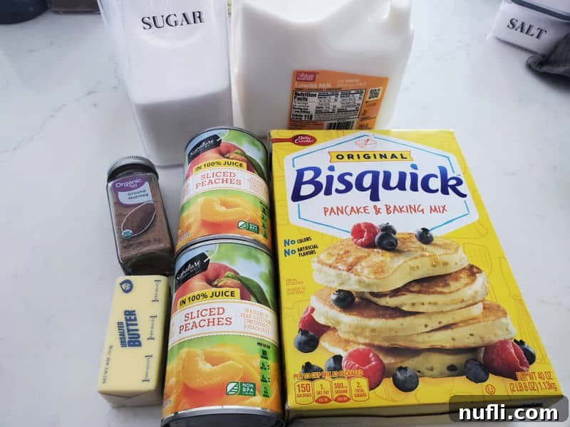 sugar, milk, nutmeg, canned peaches, butter, and Bisquick mix