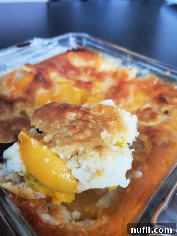 Spoon scooping peach cobbler out of a glass baking dish. 